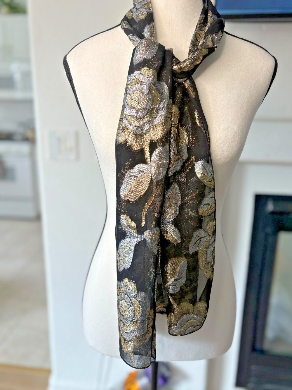 Black, Silver, Gold Floral Brocade Scarf